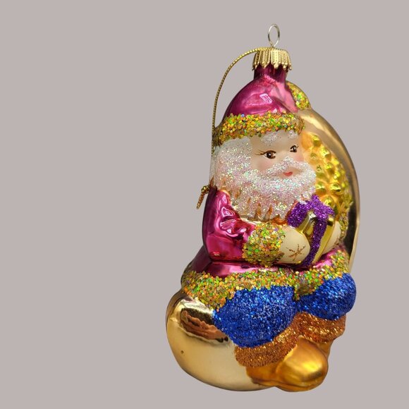 Vintage Hand Blown Glass Christmas Ornament Santa Claus On Moon Holiday Decor - Picture 2 of 7